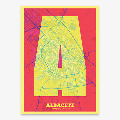 Decorative print of Albacete composed with letters in a heavy geometric font printed on yellow and fuchsia