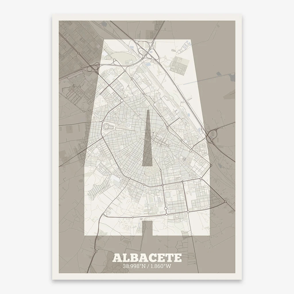 Decorative print of Albacete composed with letters in a heavy geometric font printed on light brown and an off-white background