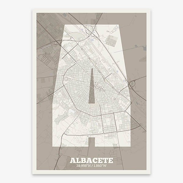Decorative print of Albacete composed with letters in a heavy geometric font printed on light brown and an off-white background