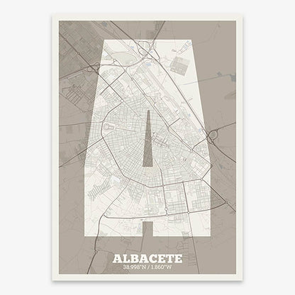 Decorative print of Albacete composed with letters in a heavy geometric font printed on light brown and an off-white background