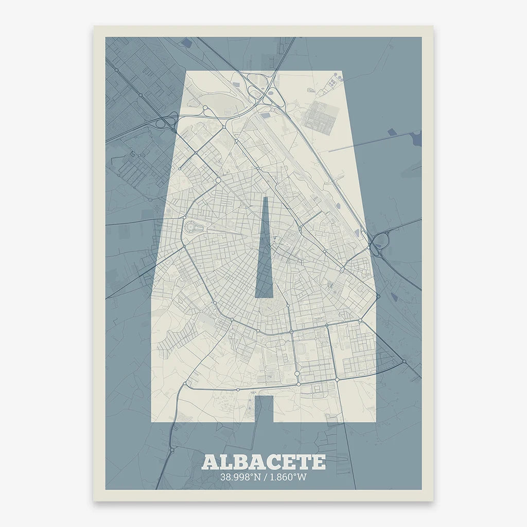 Decorative print of Albacete composed with letters in a heavy geometric font printed on bluish gray and an off-white background