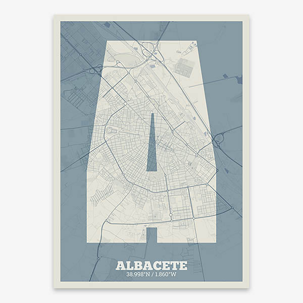 Decorative print of Albacete composed with letters in a heavy geometric font printed on bluish gray and an off-white background