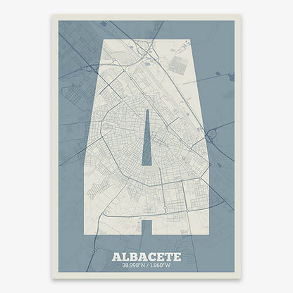 Decorative print of Albacete composed with letters in a heavy geometric font printed on bluish gray and an off-white background