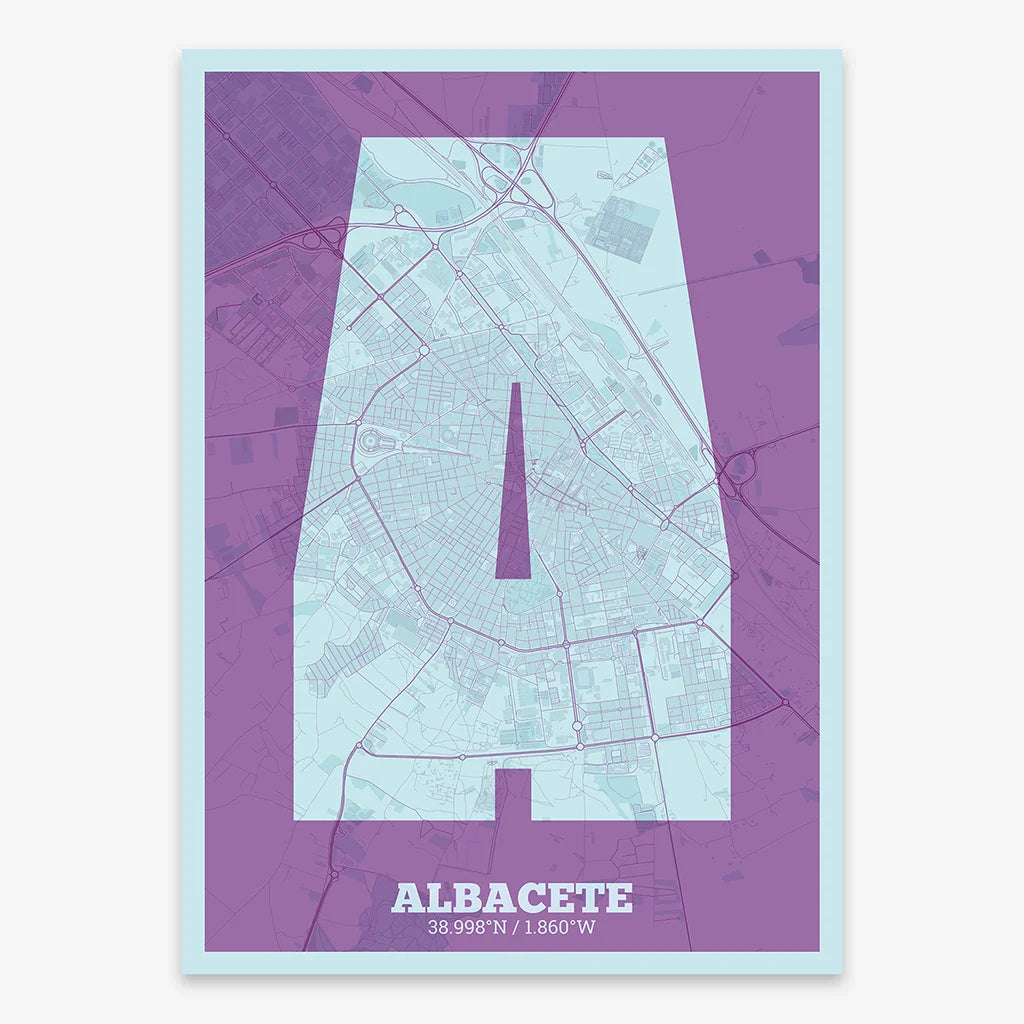 Decorative print of Albacete composed with letters in a heavy geometric font printed on purple and light blue