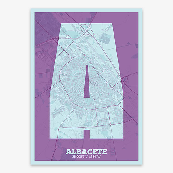Decorative print of Albacete composed with letters in a heavy geometric font printed on purple and light blue