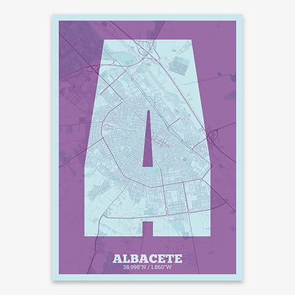 Decorative print of Albacete composed with letters in a heavy geometric font printed on purple and light blue