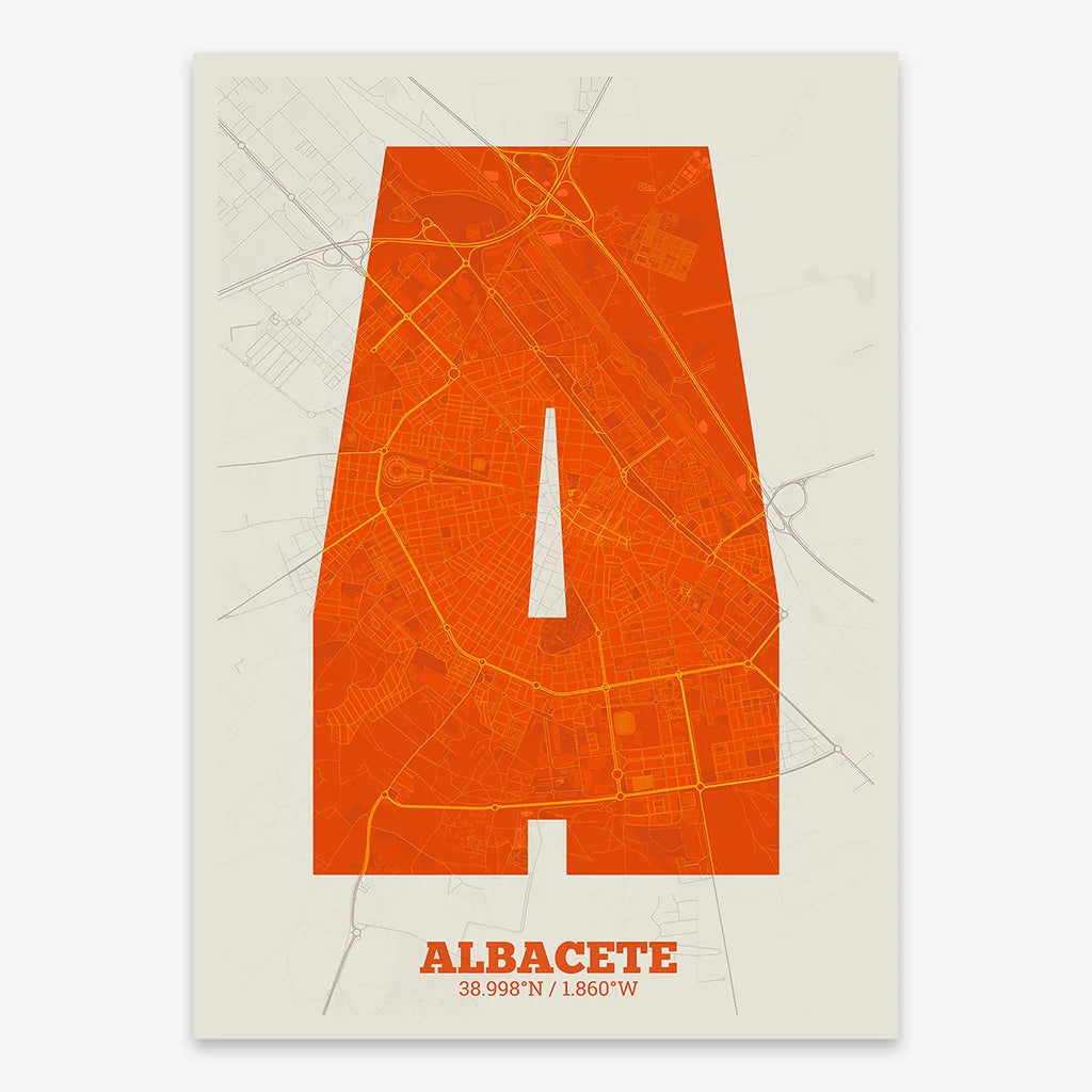 Decorative print of Albacete composed with letters in a heavy geometric font printed on orange and an off-white background