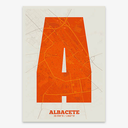 Decorative print of Albacete composed with letters in a heavy geometric font printed on orange and an off-white background