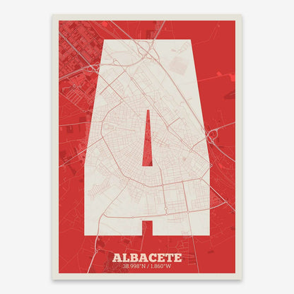 The map of Albacete composed with letters in a heavy geometric font printed on red and an off-white background