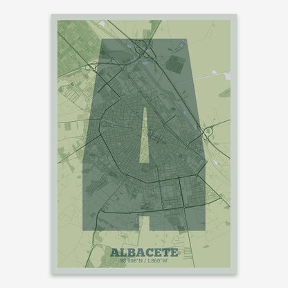 The map of Albacete composed with letters in a heavy geometric font printed on two green tones