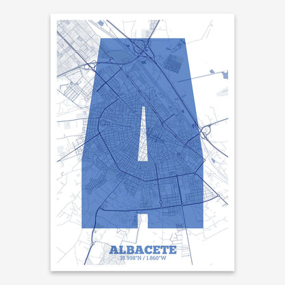 The map of Albacete composed with letters in a heavy geometric font printed on navy blue and white