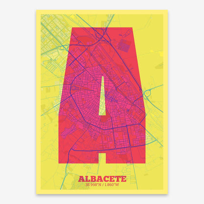 The map of Albacete composed with letters in a heavy geometric font printed on yellow and fuchsia