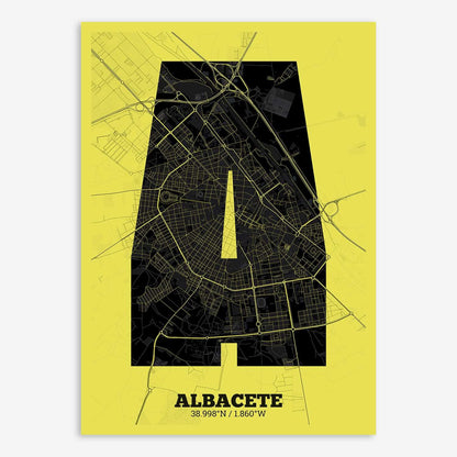 The map of Albacete composed with letters in a heavy geometric font printed on black and yellow