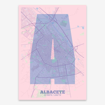 The map of Albacete composed with letters in a heavy geometric font printed on pink and light blue