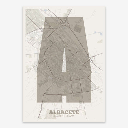 The map of Albacete composed with letters in a heavy geometric font printed on light brown and an off-white background