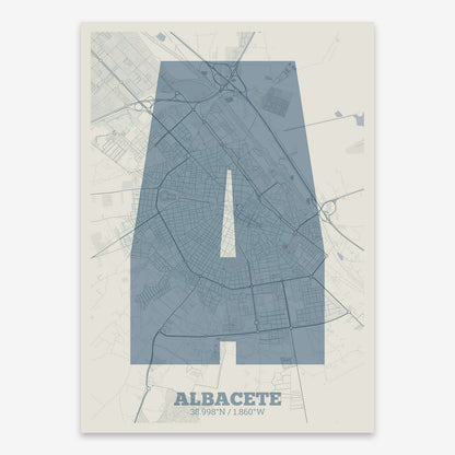 The map of Albacete composed with letters in a heavy geometric font printed on bluish gray and an off-white background