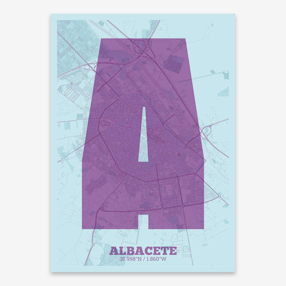 The map of Albacete composed with letters in a heavy geometric font printed on purple and light blue