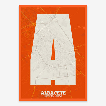 The map of Albacete composed with letters in a heavy geometric font printed on orange and an off-white background
