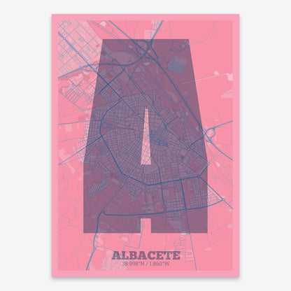 The map of Albacete composed with letters in a heavy geometric font printed on violet y pink background