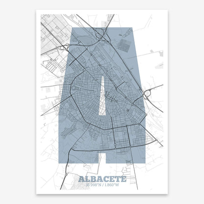 The map of Albacete composed with letters in a heavy geometric font printed on black and white