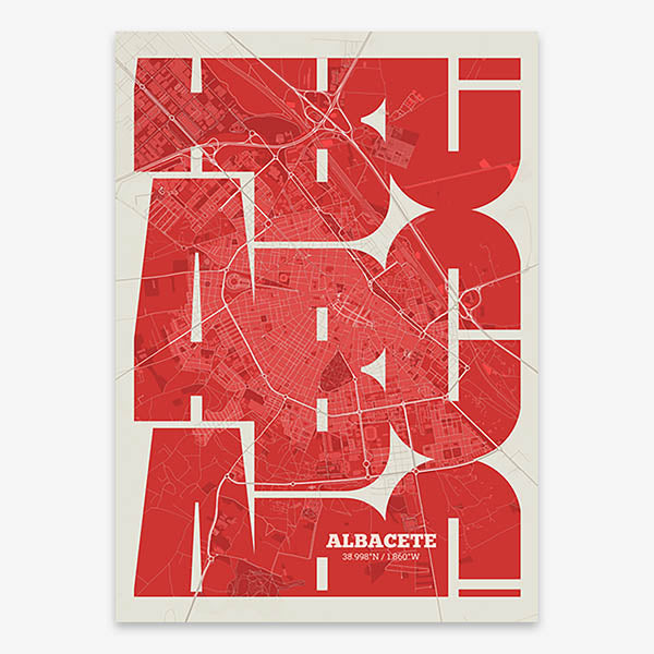 Poster of Albacete composed with letters from its abbreviation or its airport IATA code printed on red and an off-white background