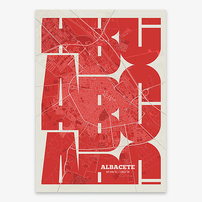 Poster of Albacete composed with letters from its abbreviation or its airport IATA code printed on red and an off-white background