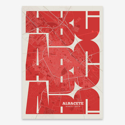 The map of Albacete composed with letters from its name or IATA code printed on red and an off-white background