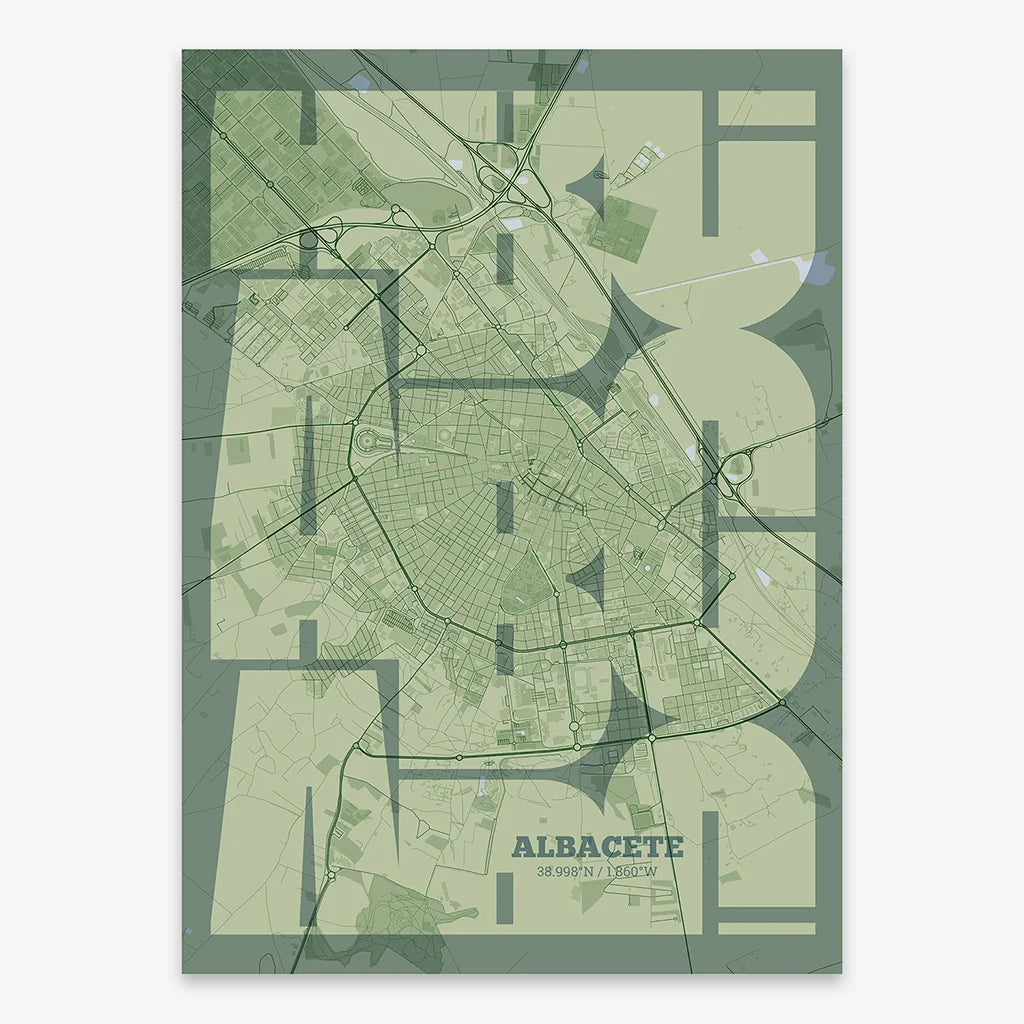 Poster of Albacete composed with letters from its abbreviation or its airport IATA code printed on two green tones