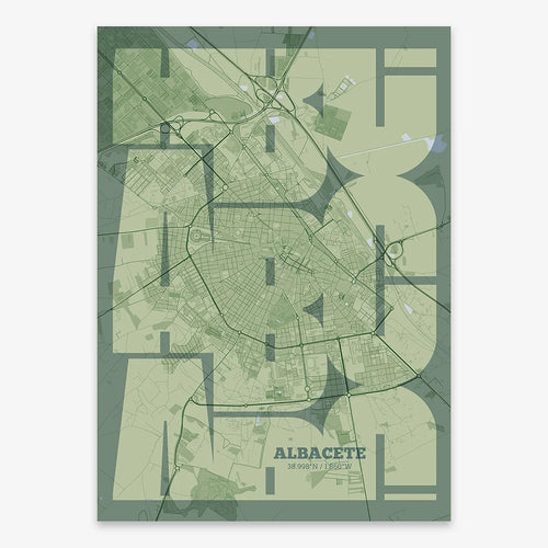 Mapa de Albacete en mi diseño la Inseparable, una visión artística con una tipografía expresiva que muestra la abreviatura del nombre sobre el mapa detallado diseñado en dos tonos de verde