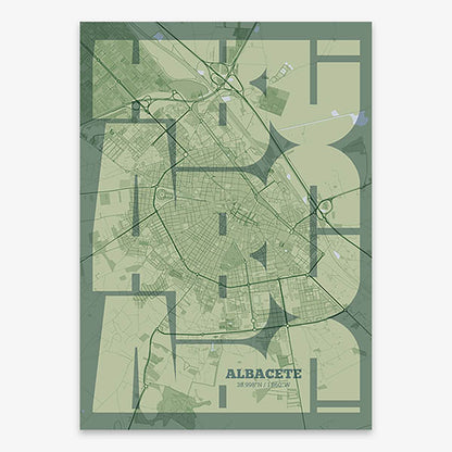 Poster of Albacete composed with letters from its abbreviation or its airport IATA code printed on two green tones