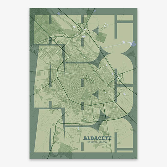 Poster of Albacete composed with letters from its abbreviation or its airport IATA code printed on two green tones