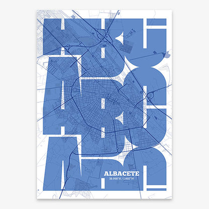 Poster of Albacete composed with letters from its abbreviation or its airport IATA code printed on navy blue and white