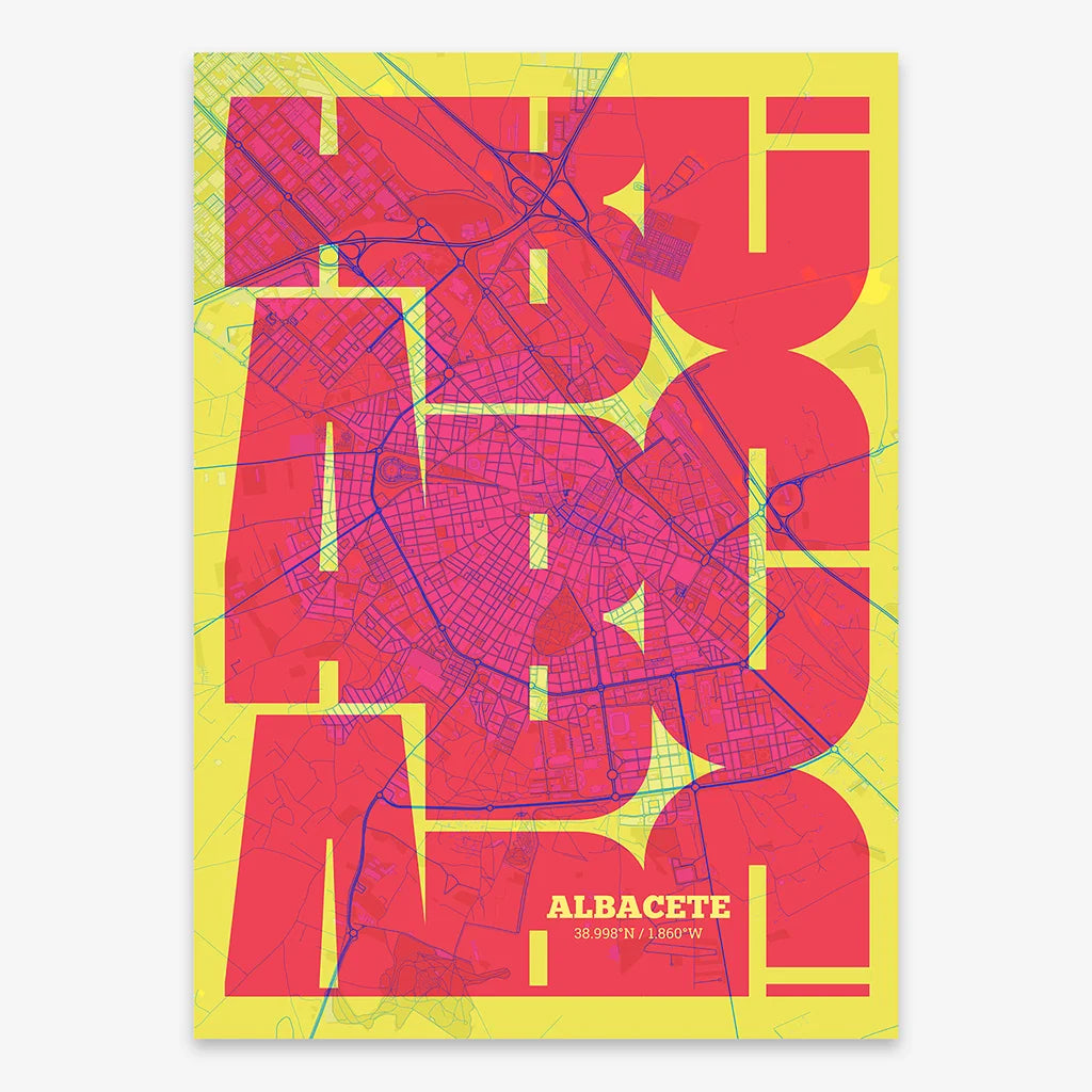 Poster of Albacete composed with letters from its abbreviation or its airport IATA code printed on yellow and fuchsia