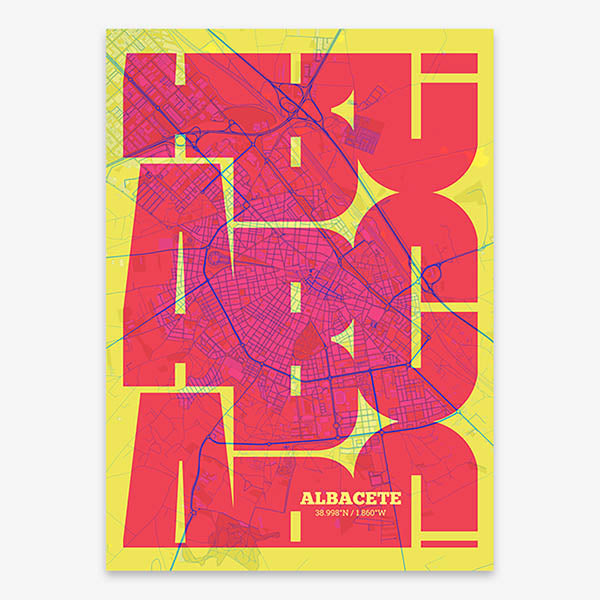 Poster of Albacete composed with letters from its abbreviation or its airport IATA code printed on yellow and fuchsia