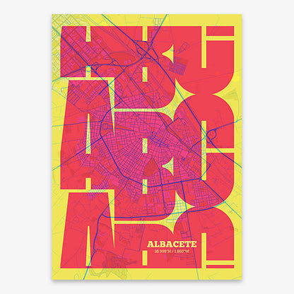 Poster of Albacete composed with letters from its abbreviation or its airport IATA code printed on yellow and fuchsia