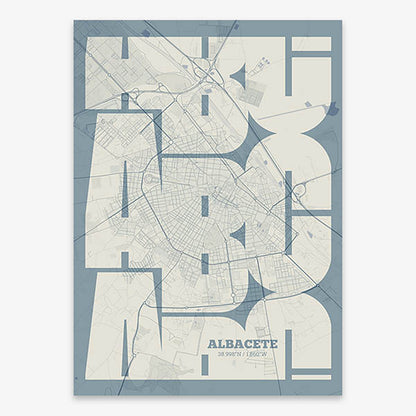 Poster of Albacete composed with letters from its abbreviation or its airport IATA code printed on bluish gray and an off-white background