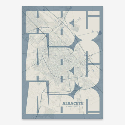 The map of Albacete composed with letters from its name or IATA code printed on bluish gray and an off-white background