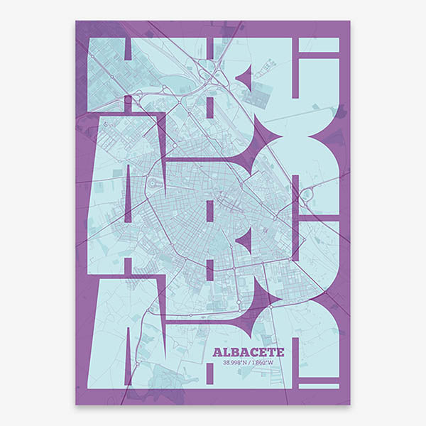 Poster of Albacete composed with letters from its abbreviation or its airport IATA code printed on purple and light blue