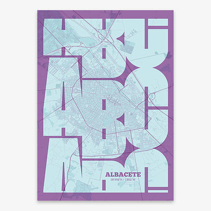 Poster of Albacete composed with letters from its abbreviation or its airport IATA code printed on purple and light blue