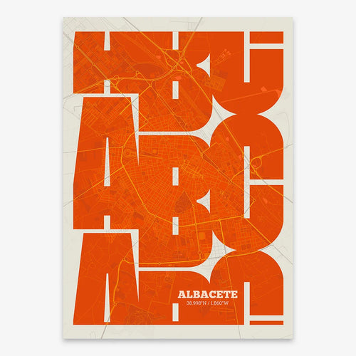 Mapa de Albacete en mi diseño la Inseparable, una visión artística con una tipografía expresiva que muestra la abreviatura del nombre sobre el mapa detallado diseñado en naranja y fondo blanco roto