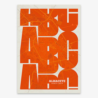Poster of Albacete composed with letters from its abbreviation or its airport IATA code printed on orange and an off-white background