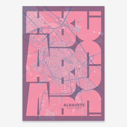 The map of Albacete composed with letters from its name or IATA code printed on violet y pink background