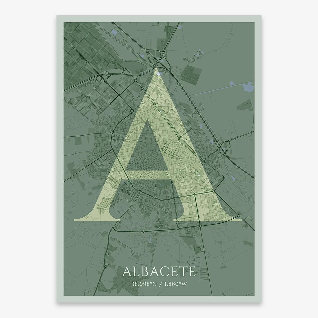 Decorative map of Albacete composed with letters in serif font printed on two green tones