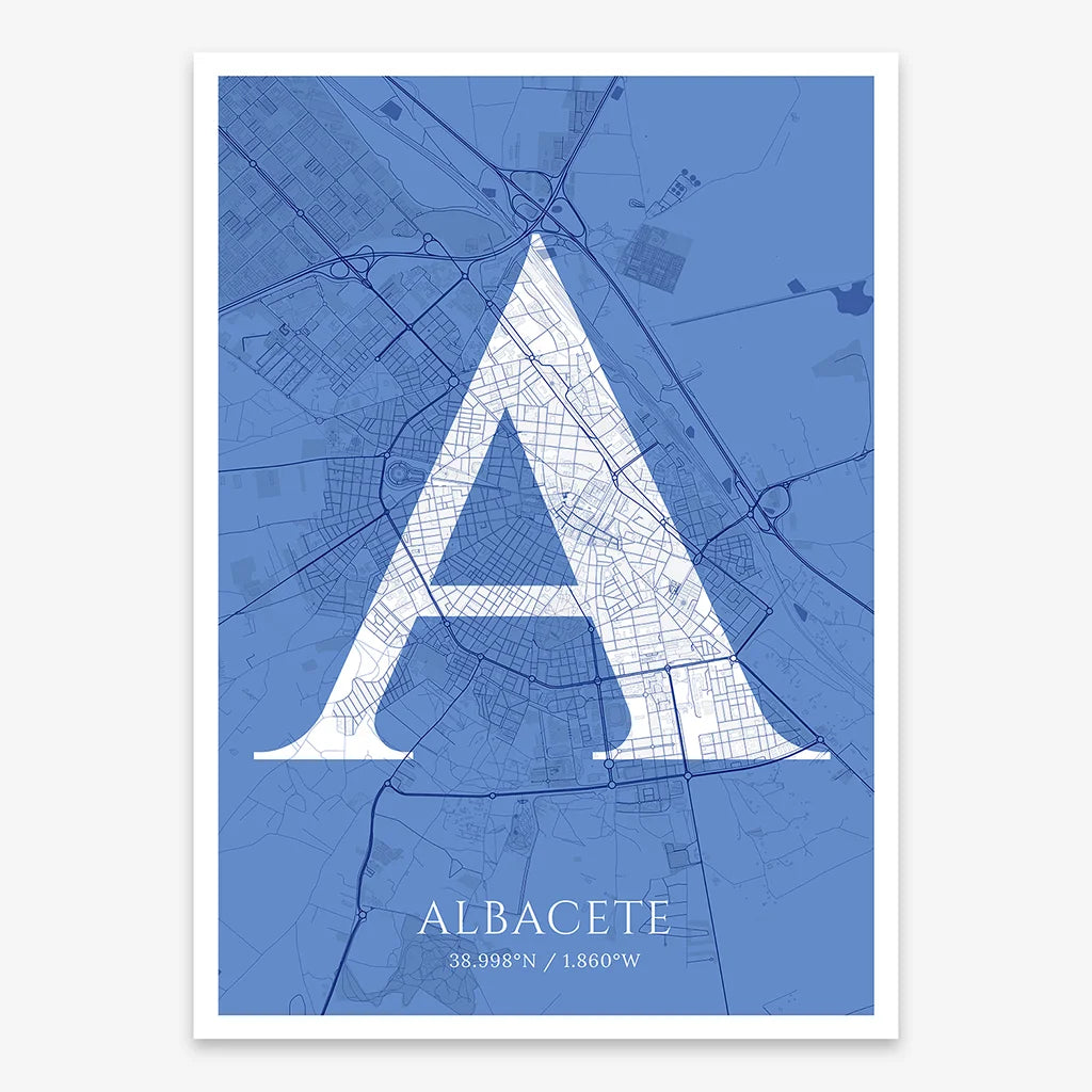Decorative map of Albacete composed with letters in serif font printed on navy blue and white