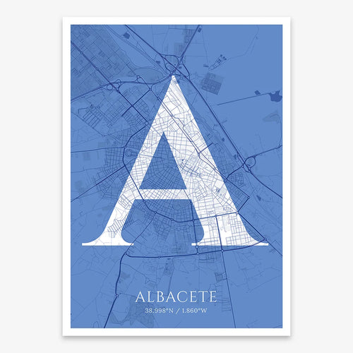 Mapa de Albacete en el diseño La Clásica, inspirado en la tipografía cincelada con una fuente elegante que crea un bonito contraste visual diseñado en azul marino y blanco