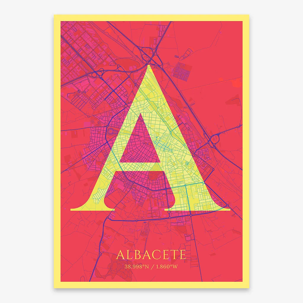 Decorative map of Albacete composed with letters in serif font printed on yellow and fuchsia