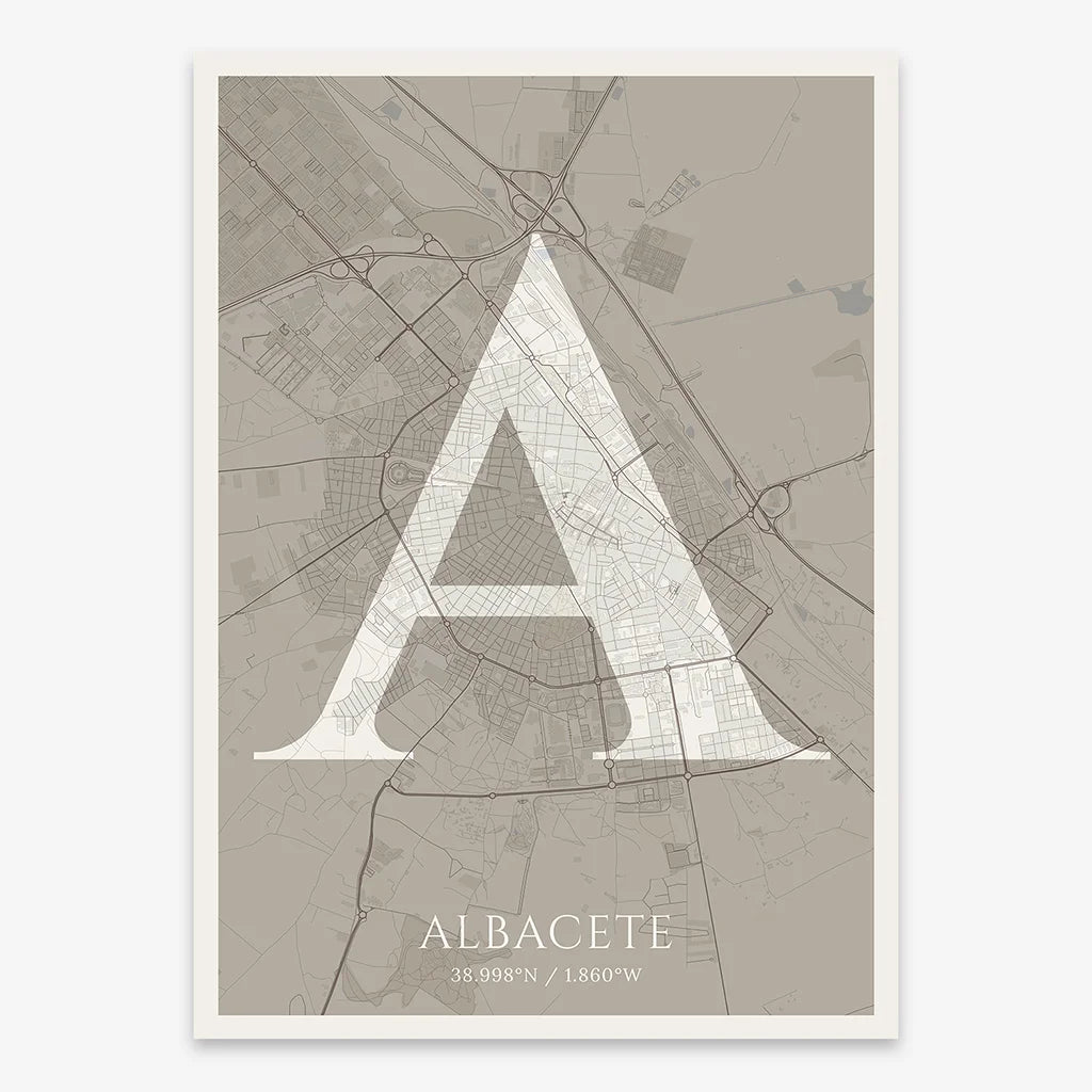 Decorative map of Albacete composed with letters in serif font printed on light brown and an off-white background