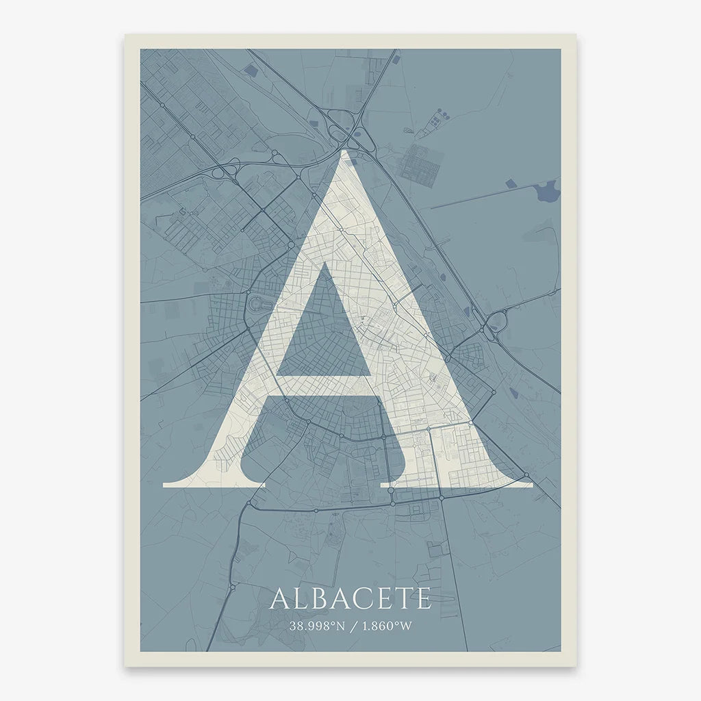Decorative map of Albacete composed with letters in serif font printed on bluish gray and an off-white background