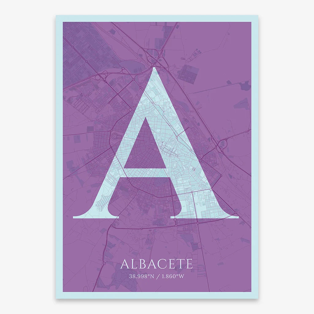 Decorative map of Albacete composed with letters in serif font printed on purple and light blue