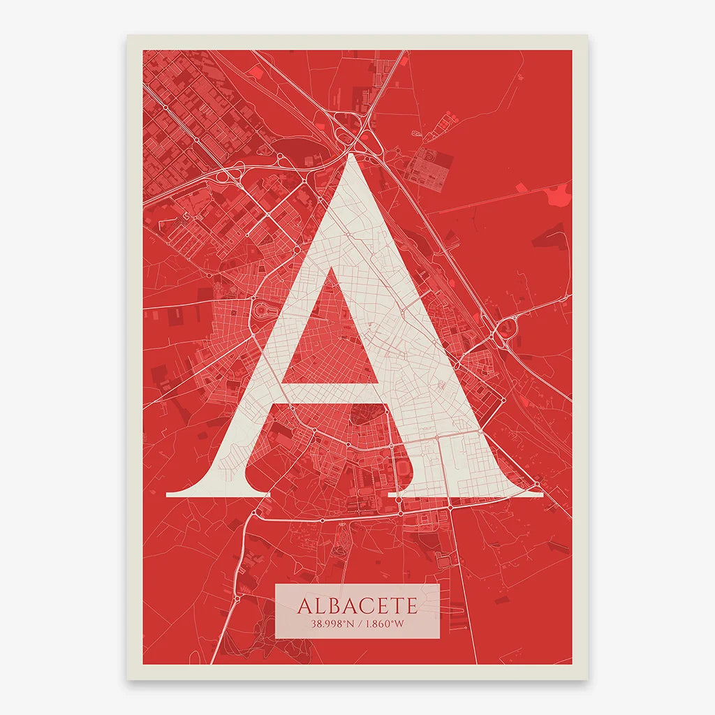 Decorative map of Albacete composed with letters in serif font printed on red and an off-white background